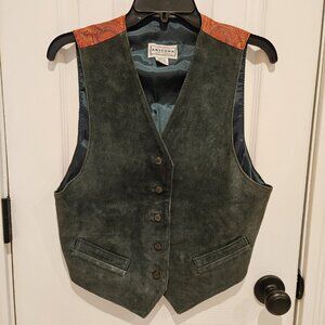 Vtg Arizona Jeans Co 100% Genuine Leather Vest Sz M Green Orange Western Cowgirl